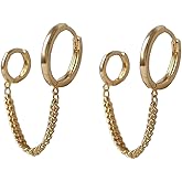 Minimalist Double Small Hoop Earrings for Women Silver Gold-Toned Link Chain Tassel Dangle Drop Huggie Hoops Earring Simple Ear Piercing Cuff Two Holes Jewelry for Sister Niece