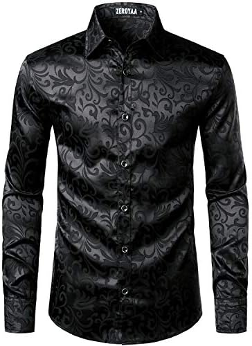 ZEROYAA Men's Luxury Jacquard Long Sleeve Dress Shirt Shiny Satin