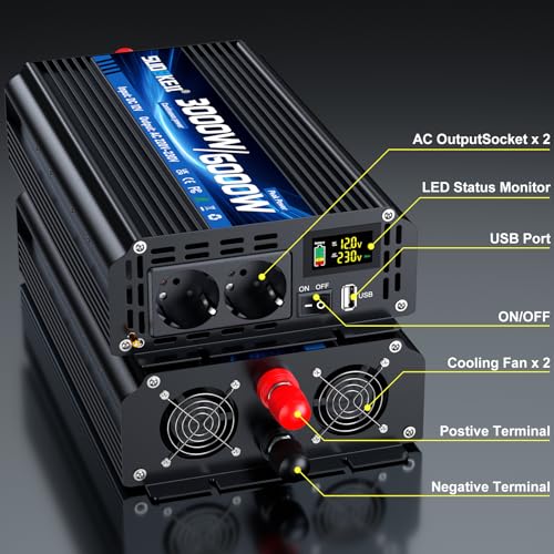 Inverter 12V 230V 3000W/6000W Modified Sine Wave Inverter Voltage Converter with 2 AC Outlets and USB and Type-C Port for Cars, Campers and Vehicles