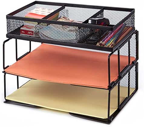 ProAid Mesh Office Desktop Organizer 2-Tier Stackable Paper Tray Organizer Sorter File Organizers with 3 Compartments, Black