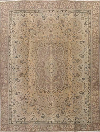 Vintage Handmade Wool Tabriz Persian Distressed Oriental Traditional Area Rug 9x12 Beige (12' 2" X 8' 11")