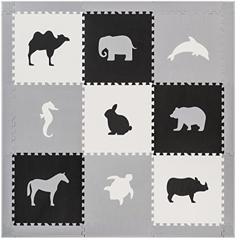 Extra Large Soft Mat for Babies and Kids, Safe Thick Non-Toxic Cute Pastel Animals (Black with Grey Border)
