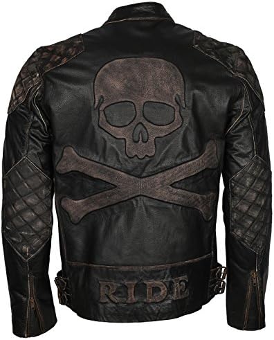 TheJacketMerchant Men Skull Embossed Vintage Black Motorcycle Leather Jacket