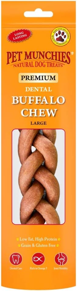 Pet Munchies Large Buffalo Dental Chew, Healthy, Natural and Long-Lasting Dog Treats, Grain Free and Low in Fat 90g