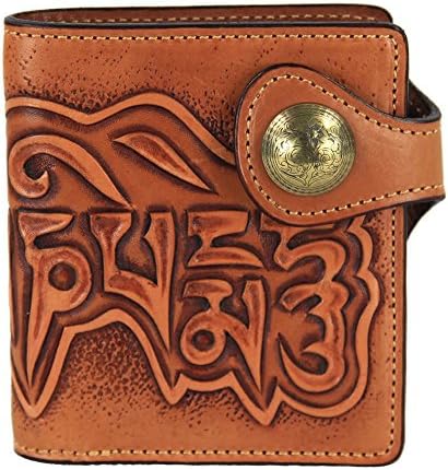 LengRen Handmade Wallet Carved with the Six Syllable Mantra Genuine Italian Full Grain Leather with Personal Design of Snap-fastener