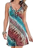 OULIU Womens Sexy V-Neck Print Sleeveless Beach Party Mini Dress