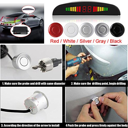 ePathChina LED Display Car Reverse Backup Radar with 4 Parking Sensors Car Parking Radar Monitor Detector System Back Light Display (Gray)