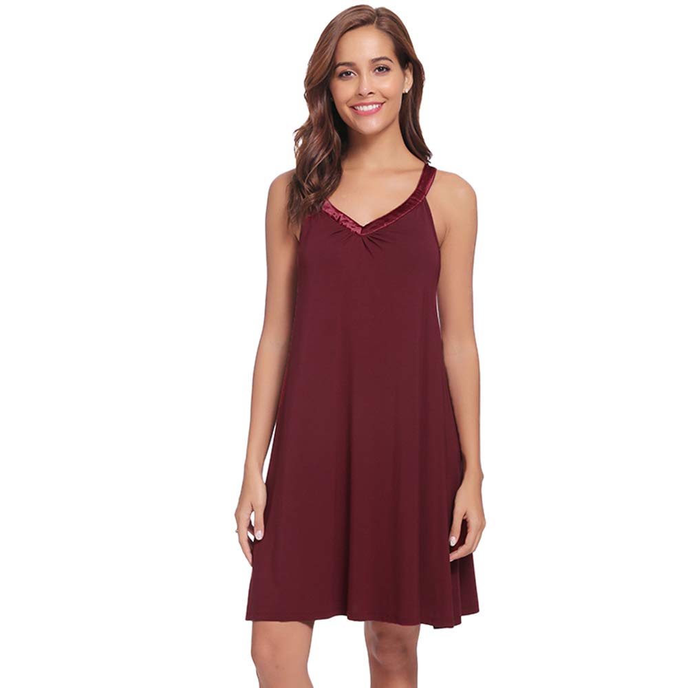 Women Nightgown Sleepwear Satin Trim Sleep Shirt Nightdress AMN011 Weinred S