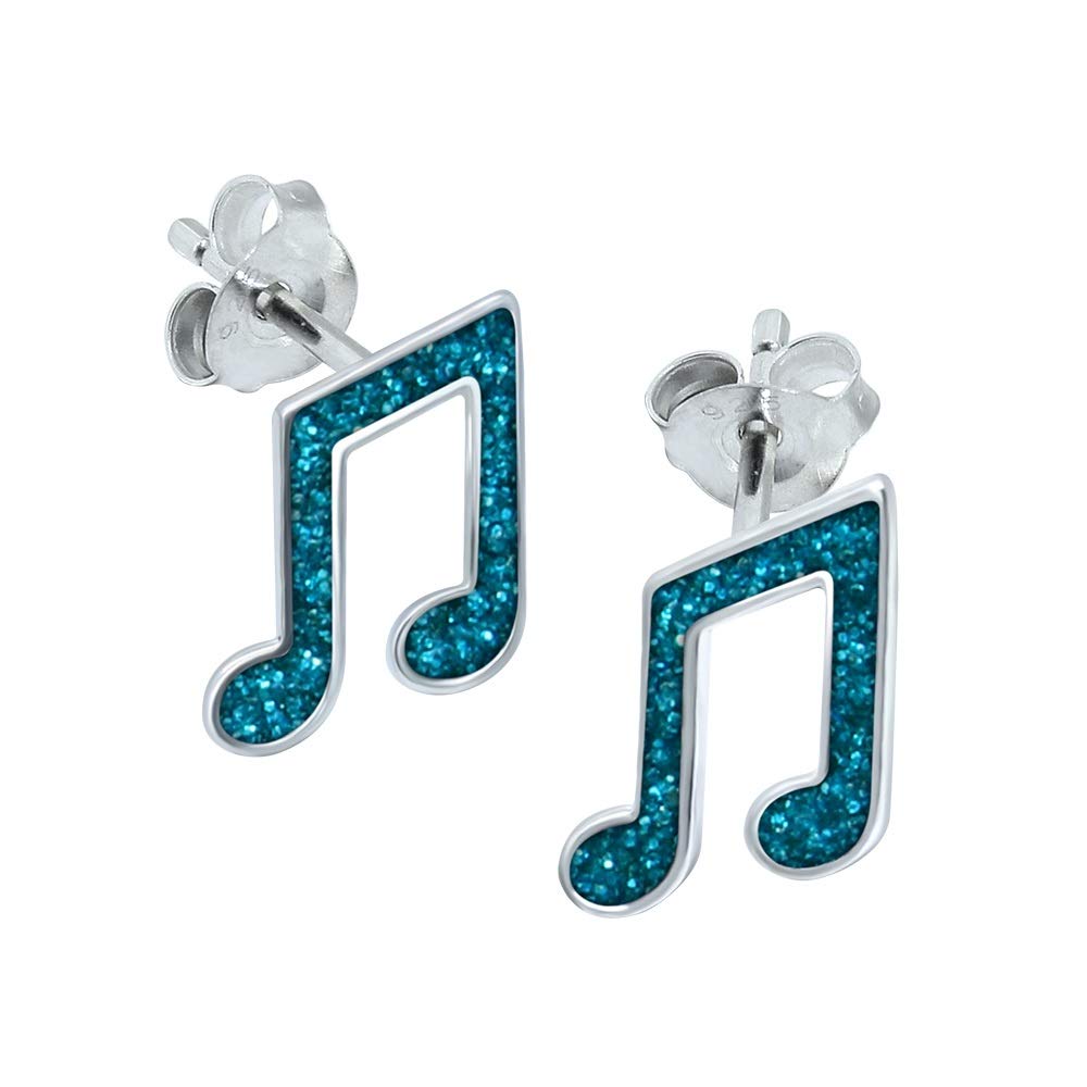 Music Note Earrings with Sparkly Blue Glitter - 925 Sterling Silver
