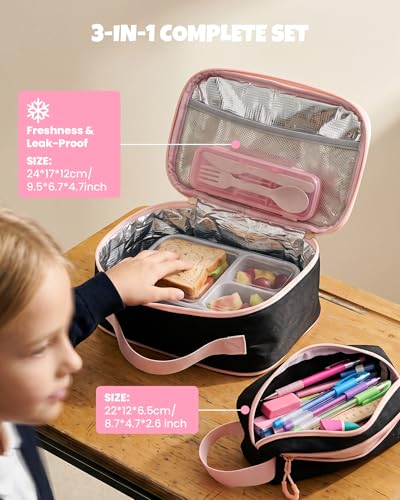 Amythe 3 Piece Primary Girl's Backpack School Bag Set with Lunch Bags and Pencil Case, School Bag for Girls 8-15 Years, Black