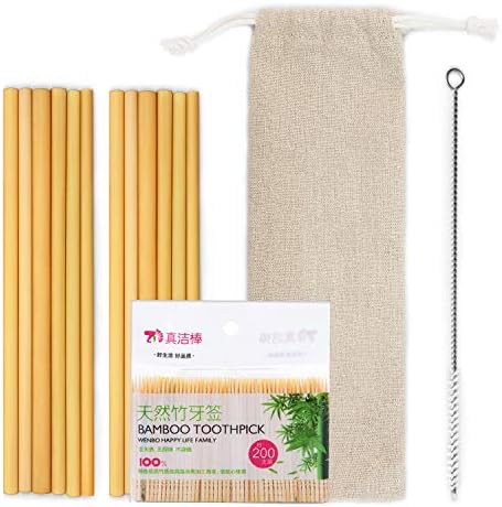Reusable Bamboo Drinking Straws Set | 12 Straws, 8.7 inch | Alternative to Plastic, Non-Toxic, Eco, Natural, Organic, Biodegradable, Multi-Usage, Strong & Durable + 200 Toothpicks