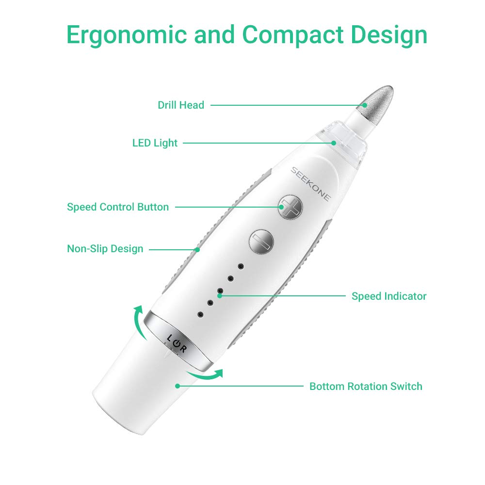 SEEKONE Electric Manicure and Pedicure Set, Professional Powerful Nail Drill Kit Salon Quality Nail File Tools for Foot and Hand Care with 7 Attachments, 5 Speed Settings and Storage Case (White) : Beauty