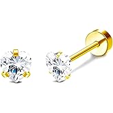 Stainless Steel Zircon Stud Earring 1 Pair Gold Flatback Earrings Helix Hypoallergenic Flat Back Trendy Jewellery Dainty Screwback Jewelry for Women Ladies Sensitive Ears Aretes De Mujer