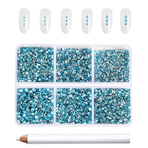 Beadsland 7200pcs Flatback Rhinestones,Blue Rhinestone Nail Gems Round Crystal Rhinestones for Crafts,Mixed 6 Sizes with Wax Pencil Kit, SS3-SS10,Aquamarine