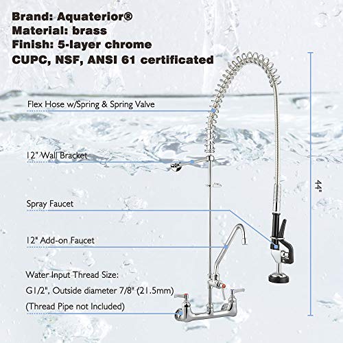 Aquaterior Wall Mount Commercial Kitchen Pre Rinse Faucet Restaurant Sink Sprayer Faucets with 12" Add-on Riser Spout - Thumbnail 2