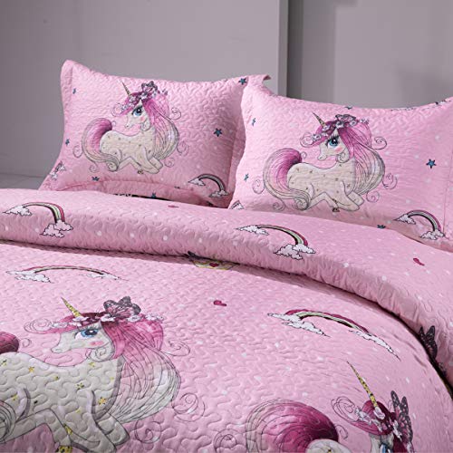 Kids Unicorn Quilt Set with Sham Twin Size Animal Cartoon Bedding Set Soft Reversible Bedspread Coverlet All Season Bed Set for Kids Teens Girls, 1 Quilt 2 Pillowshams, Pink