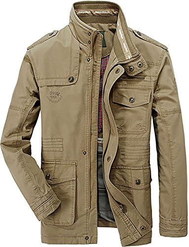 Zhusheng Men's Stand Collar Multi-Pocket Cotton Military Lightweight Jeep Jackets (US L, Khaki)
