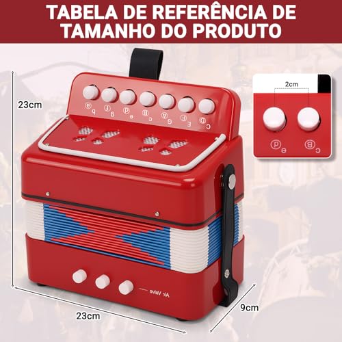 Acordeão para Iniciantes com 7 Teclas e 2 Botões, Acordeão Vermelho Compacto, Instrumento Musical Leve para Estudo e Prática