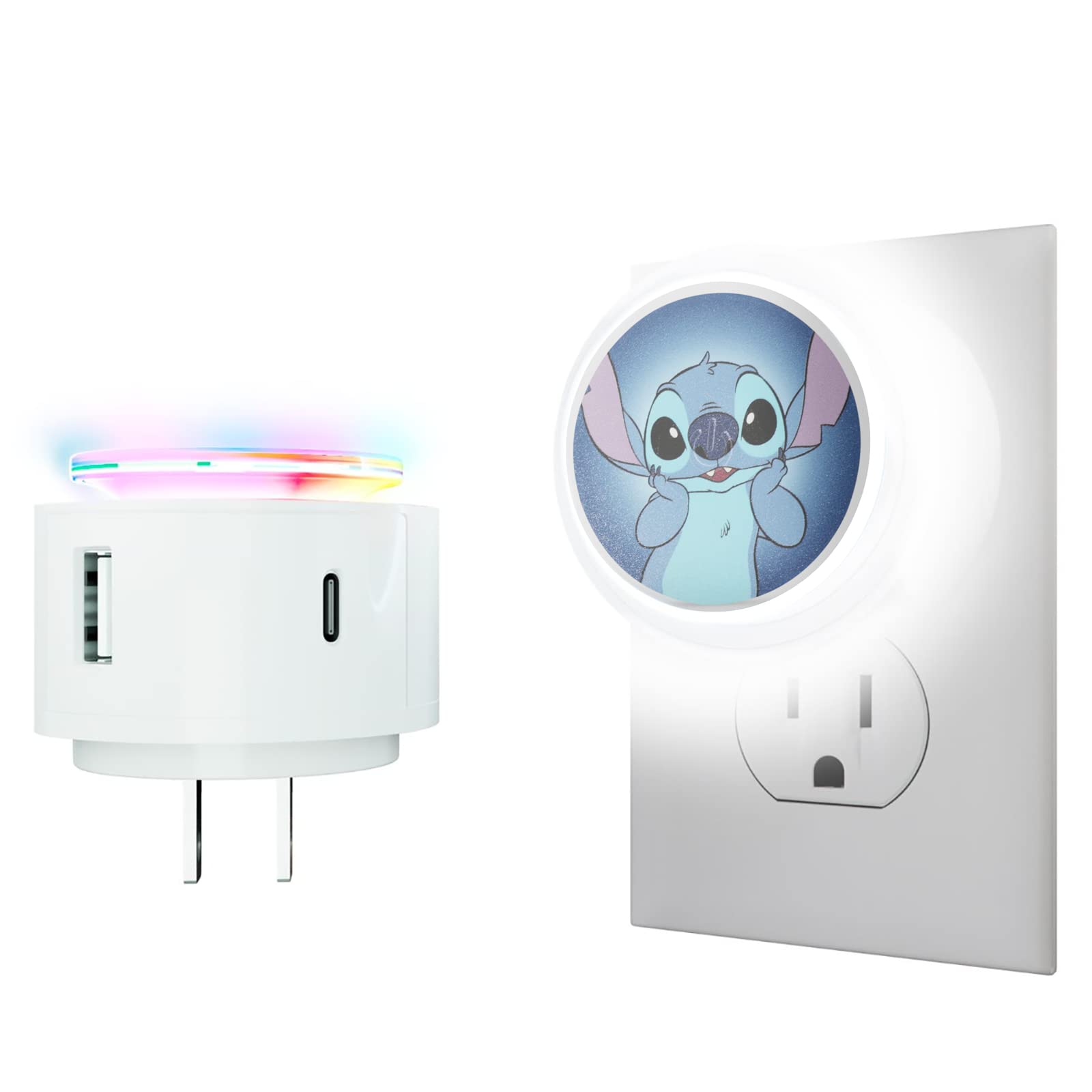 Disney Lilo and Stitch Light-Touch LED Night Light With USB Charging - 6 Light Settings, USB 2.0 and Type C Ports - Gifts for Girls, Adults and Fans