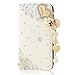 iPhone SE Case,iPhone 5S Case,iPhone 5 Case,3D Handmade Wallet Bling Crystal PU Leather with Love Heart Pendant Sparkle Diamond Flower Design Card Holder Flip Case Folio Cover By Mavis's Diary (White)