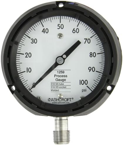 Ashcroft Type 1259 Fiberglass Reinforced Thermoplastic Solid Front Safety Case Dry Filled Process Pressure Gauge, Stainless Steel Tube and Socket, 4.5" Dial Size, 1/2" NPT Lower Connection, Safety Glass, 0/100 psi Pressure Range
