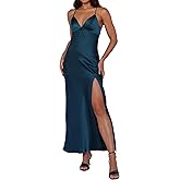 Yixinjew Summer Satin Spaghetti Strap Backless Maxi Dress for Women Formal Silk Tie Back Wedding Guest Dress with Slit