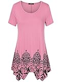 Summer Tops,Laksmi Womens Printed Short Sleeve Scoop Neck Asymmetrical Hem A Line Casual Flow Tunic Top Shirts (X-Large, Dark Pink)
