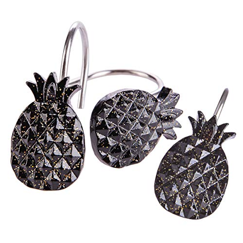 Dimaka Pineapple Shower Curtain Hooks Bling,12PCS of Set Decorative Rust-Proof Resin Stainless Steel Black Pineapple Shower Hooks Rings for Bathroom,Bedroom,Baby Room Decor(Black Pineapple)