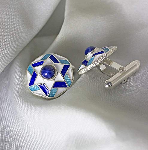 Star of David Cuff-Links Blue on White w Blue Star Sapphire Judaica Jewelry for Men Sterling Silver Enamel Magen David Large Cufflinks Bar Mitzvah Gift - Thumbnail 2