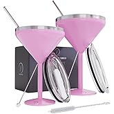 vaanshie 8 oz. Vacuum Sealed Martini Glass - Stainless Steel Ideal for Valentines Day Gift, Insulated Tumbler with Straws, Olive Pins, Straw Cleaner, Insulated Glass for Travelling | Drinkware (Pink)