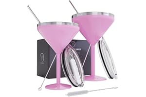 8 oz. Vacuum Sealed Martini Glass with Lid Break-Resistant, Stainless Steel Margarita Tumbler with Straws, Olive Pins for Coc