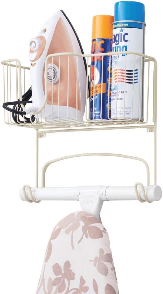 mDesign Metal Wall Mount Ironing Board Holder with Large Storage Basket - Holds Iron, Board, Spray Bottles, Starch, Fabric Refresher for Laundry Rooms - Satin: Home & Kitchen