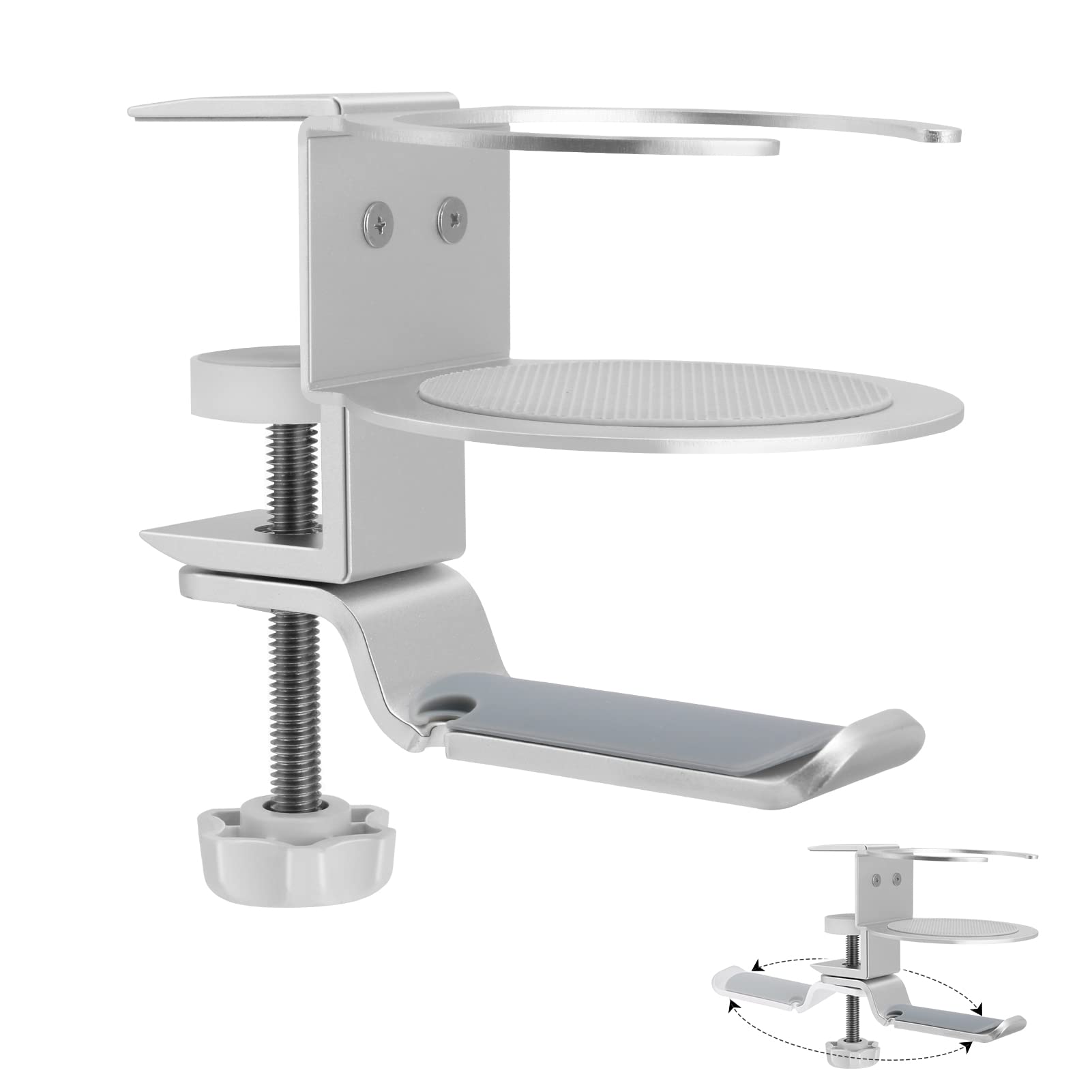 LINGSFIRE Headphone Hanger 360° Rotation Headphone Holder Aluminum PC Gaming Headset Stand Under Desk Cup Holder and Headphone Hook with Cable Organizer Universal Fit Headphone Clamp Hook (Silver)
