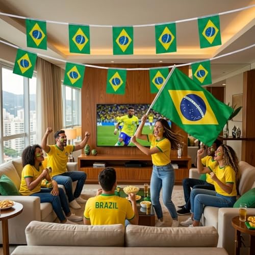 Kit Torcida Brasil Copa do Mundo 2026, 4 Peças, Bandeira 50x70cm, Chapeu Cartola do torcedor, Corneta com Mini-Bandeira, Varal de bandeiras