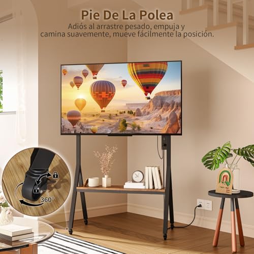 Simple Wisdom Soporte para TV móvil con Toma de Corriente,Soporte para TV con Lamas,Apto para TV de 32 a 75 Pulgadas,Carga máxima 60 kg,Ajuste de Altura,Base de Madera Segura