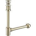 SEABEFORE Brass Round Bottle P-Trap with Pop Up Drain Stopper with Overflow,1 1/4 Adjustable Basin Sink Waste Drain Trap Kit,Brushed Gold P Trap
