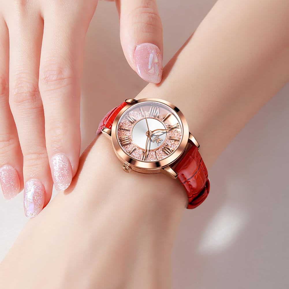 OLEVS Classic Leather Watches for Women, Business Dress Rhinestone Roman Numerals Ladies Watches, Waterproof Analog Quartz Womens Wrist Watches, Relojes para Mujer Pink, Red, White Leather Strap