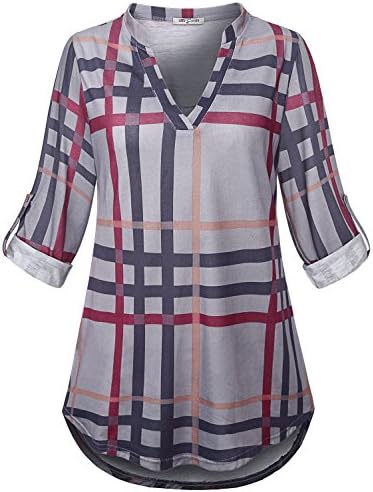 SeSe Code Womens 3/4 Roll Sleeve Shirt Notch Neck Loose Tops Plaid Tunic Blouse