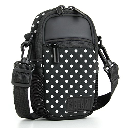 USA GEAR Compact Camera Case (Polka Dot) Point and Shoot Camera Bag with Accessory Pockets, Rain Cover and Shoulder Strap-Compatible with Sony CyberShot, Canon PowerShot ELPH, Nikon COOLPIX and More