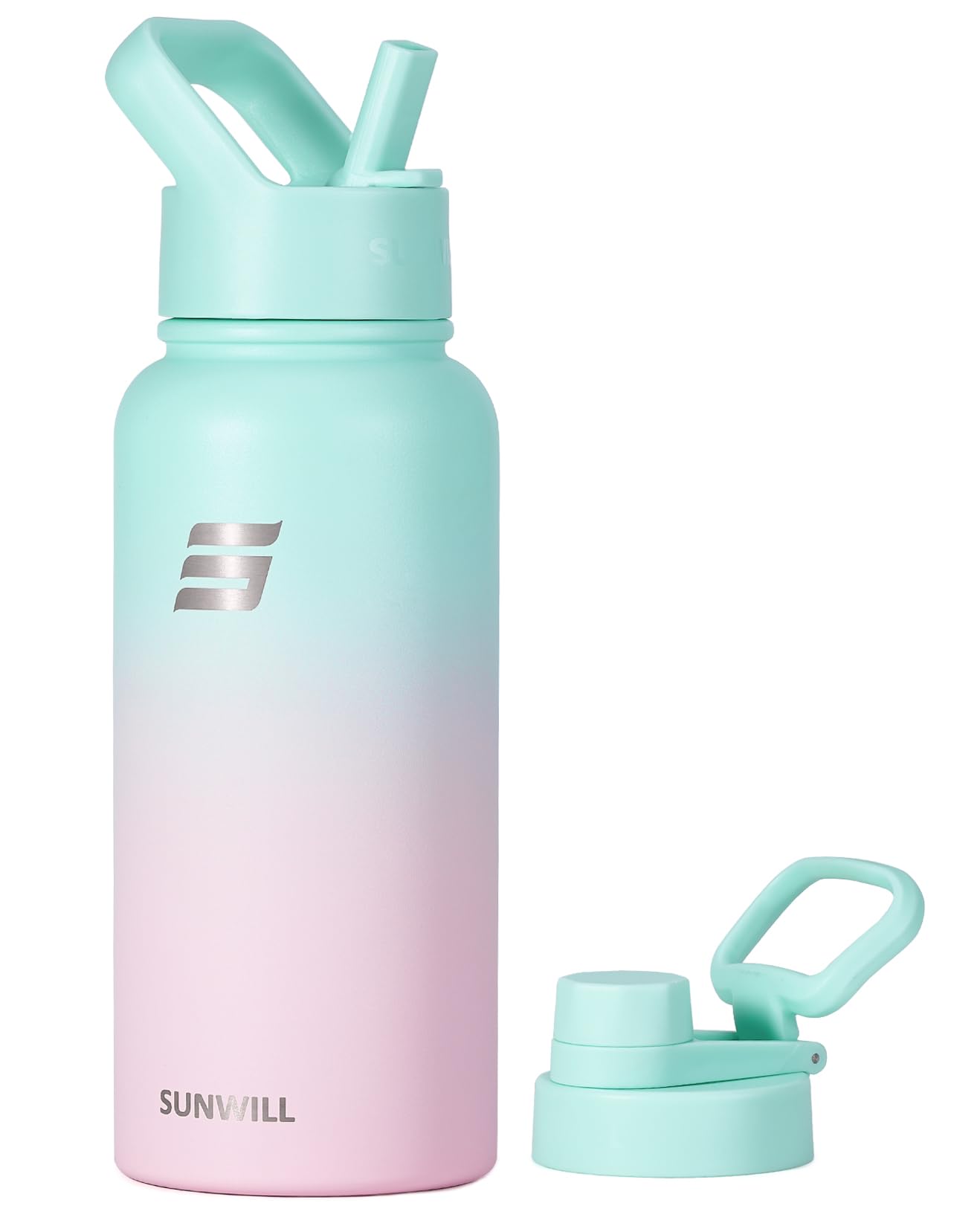 SUNWILL Metal Water Bottle 1l Stainless Steel, Insulated Leakproof Thermal Flask with Straw and 2 Lids for Cold and Hot Drink, Running, Sports, Gym, Travel, Gradiant Mint Sakura