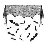 Dazonge Halloween Fireplace Mantle Scarf Black Cobweb Lace Runners for Fireplace Decorations (12pcs Bats Wall Decal Stickers Included)