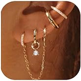 3 Pairs Hoop Earring Set 14K Gold Plated Cubic Zirconia Cartilage Earrings, Multi Piercings Ear Jacket Earring Climber Stud Earring for Women Everyday Earrings