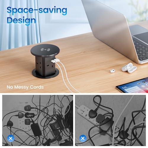 LBOYLOVE® 7-in-1 Pop up Socket – Automatic Power Outlet with 15W Wireless Charger, 4 AC Outlets, 1 USB-A & 1 USB-C for Kitchen Worktops & Desk Countertops