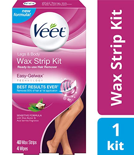 Veet Leg & Body Hair Removal Kit- Sensitive Formula, Ready-to-use Cold Wax Strips, Shea Butter & Acai Fragrance, 40 Count (Best Way To Remove Wax)