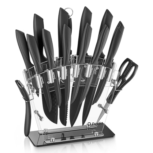 Cuchillos de Cocina, 16 Piezas Negro Revestimiento Antiadherente Juego de Cuchillos de Cocina, Acero Inoxidable de Alto Carbono, Afilado y Antioxidante, con Soporte Acrílico y sacapuntas