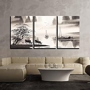 3 Piece Canvas Wall Art - Chinese Landscape Watercolor Painting - Modern Home Art Stretched and Framed Ready to Hang - 16"x24"x3 Panels