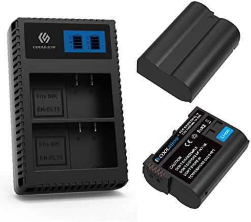 CoolShow EN-EL15 EL15A LCD Display Dual Battery Charger with 2 Replacement Battery,Compatible with Nikon D7000, V1, D600, D800, D800E, D7100, D610, D810, D810A, D750, D7200 Camera