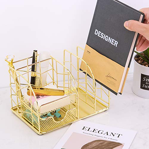 Z-PLINRISE-Desk-Supplies-Organizer-4-Slots-Plus-1-Drawer-Pen-Holder-Mail-Sorter-Sticky-Note-Holder-and-Accessory-Slot-Wire-Stationery-Storage-Rack-for-Home-Office-Gold