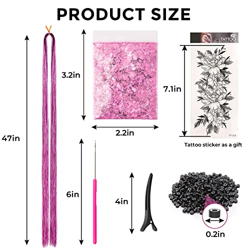 SYGY Hair Tinsel Kit, 10PCS 47 Inches Pink Tinsel Hair Extensions Kit with Tools, 2000 Strands Fairy Hair Tinsel for Women Girls Hair Accessories, Glitter Hair Tinsel Heat Resistant for Halloween Cosplay Christmas New Year Party