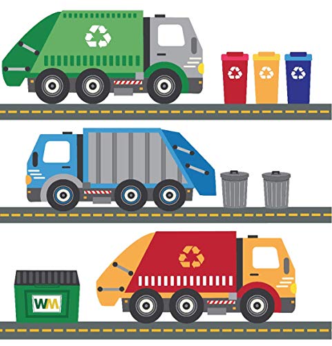 Garbage Trucks Wall Decals, Recycling Trucks Decals with 15 Ft of Gray Straight Road, Peel and Stick Fabric Stickers